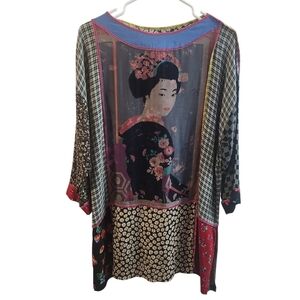 Vintage long Faith Geisha Portraits 90's Vintage Rayon Tunic Blouse patchwork